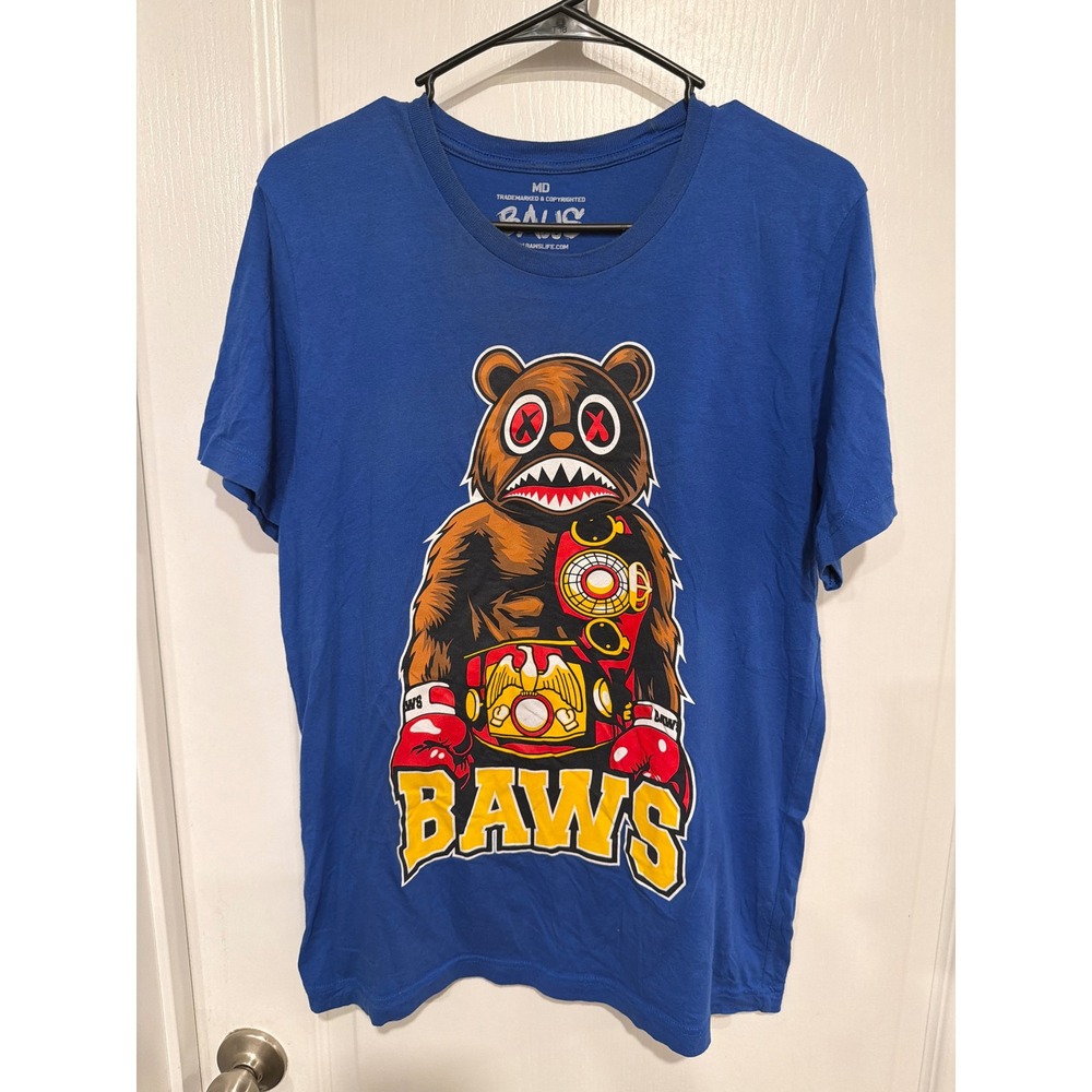 Baws Men Blue Graphic T-Shirt Medium Boxing Bear Championship Belt Streetwear